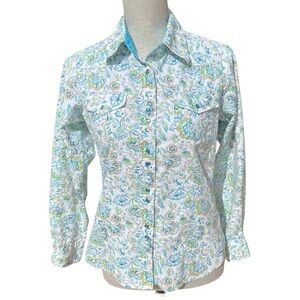 Life Style Floral Western Button Up Blouse Top Metallic Stripe Medium